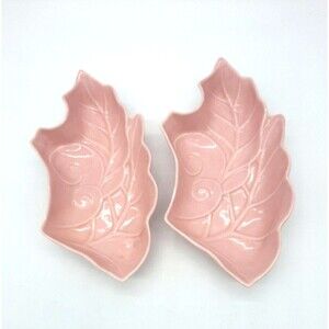 Vintage USA Pottery Set Of 2 MCM Pink Leaf Shaped 11" Candy Dishes L425